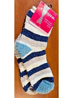 Womens Carnival Super Soft Slipper Socks 1 Sz Stripe Design Cozy Blue Gray (1a)